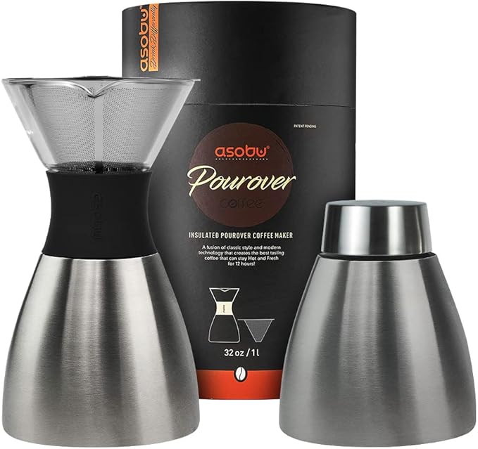 asobu Insulated Pour Over Coffee Maker (32 oz.) Double-Wall Vacuum, Stainless-Steel Filter and Take on the Go Carafe (Silver)