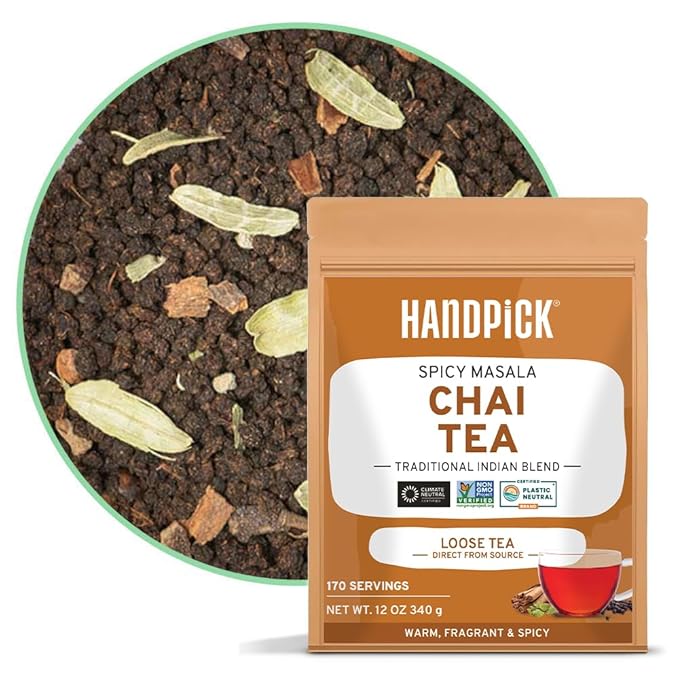 HANDPICK, Premium Chai Tea Loose Leaf (340g/12oz) | Blend Of Black Tea - Masala Chai Tea With Cinnamon, Cardamom, Cloves & Black Pepper | Resealable Ziplock Pouch