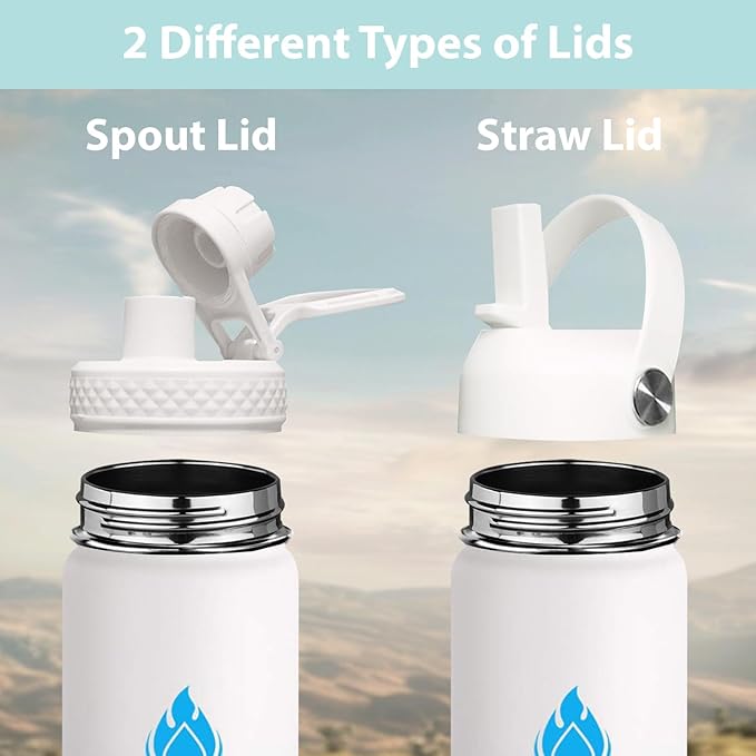SENDESTAR Water Bottle 40oz Double Wall Vacuum Insulated Leak Proof Stainless Steel Sports Water Bottle—Wide Mouth with New Flex Straw Lid & Spout Lid (White&Tiffany)