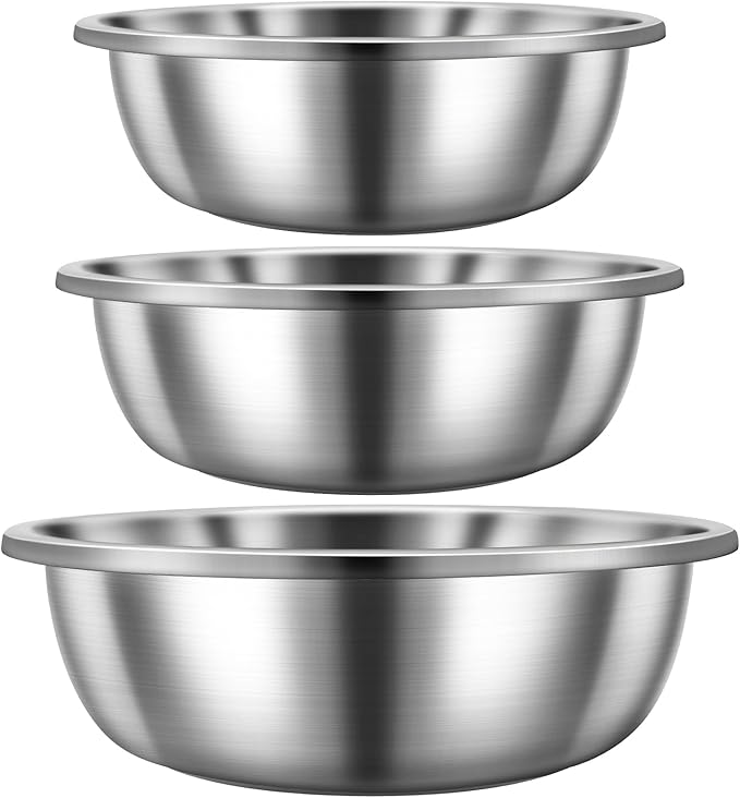 Domensi Set of 3 Extra Large Stainless Steel Mixing Bowls Large Mixing Container Easy to Clean, Nesting Bowls for Space Saving Storage for Cooking, Baking(201 Stainless Steel,13, 16, 20 Quart)
