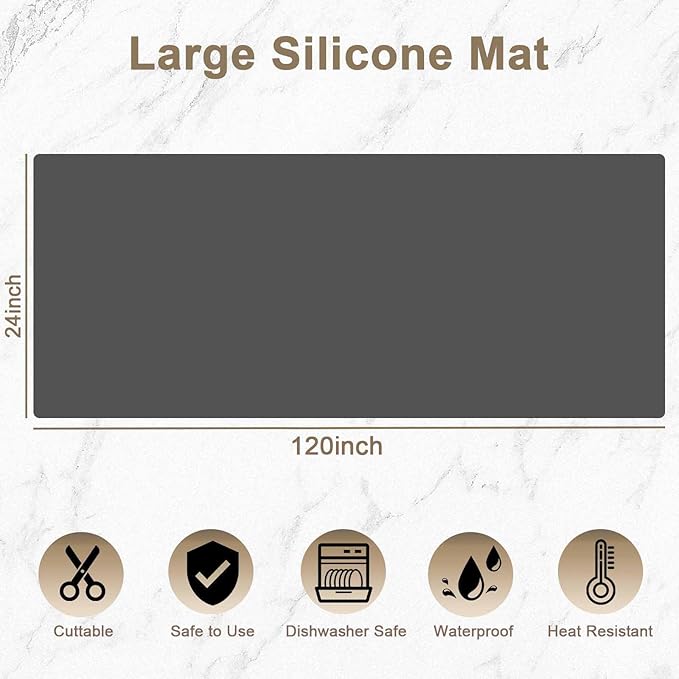 120"x24"(305cmx60cm) Large Silicone Kitchen Counter Mat, Heat Resistant Non-Slip Countertop Protector, Waterproof Multipurpose Mat for Kitchen Island, Dark Gray