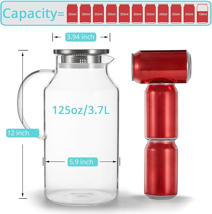 1 Gallon Glass Pitcher with Lid and Spout, Bivvclaz Glass Water Pitcher for Fridge, Glass Carafe for Hot/Cold Water, Iced Tea Pitcher, Large Jug for Coffee, Juice and Homemade Beverage