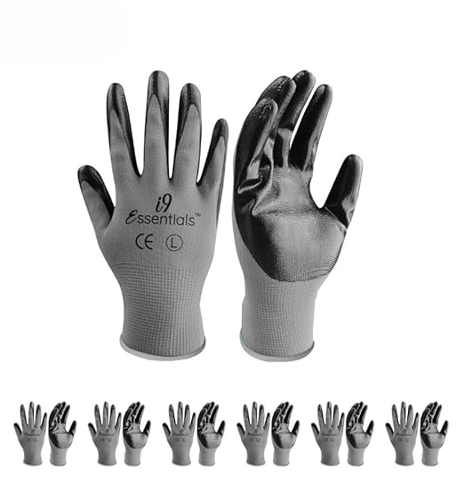 I9 Essentials Seamless Nitrile Coated Work Gloves, Large 6 Pairs, Black & Grey – Washable Grip for Construction, Gardening, Woodworking