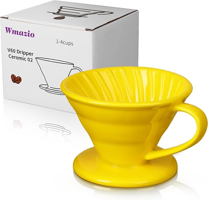 Pour Over Coffee Dripper - Ceramic Pour Over Coffee Maker Cone, Porcelain Coffee Drip, Pour Over Single Cup, Manual Brew Maker for Home, Cafe, Office - 1-4Cup, V60 Size 02 (Yellow)
