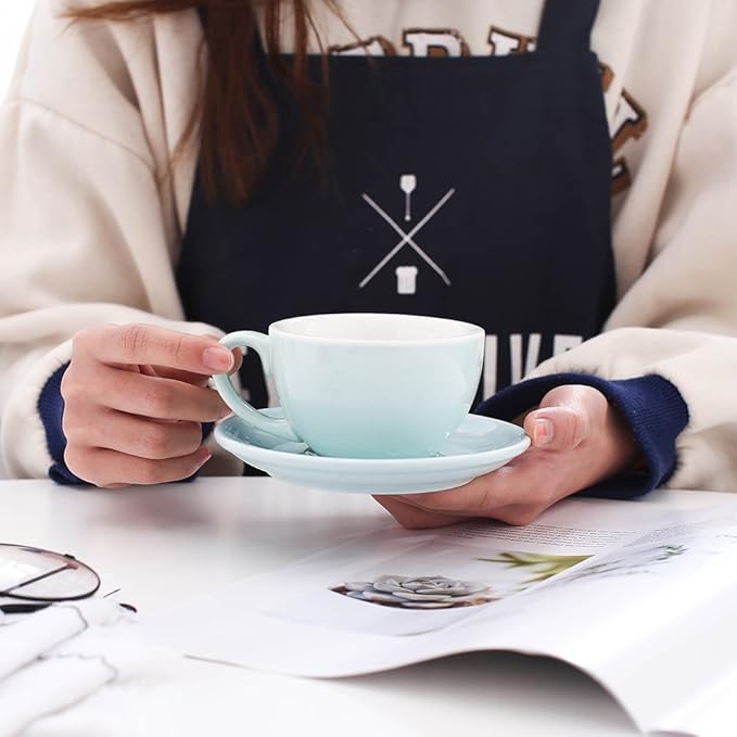 Double Espresso Coffee Cup and Saucer Free Pour Coffee or Small Cappuccino, New Bone China for Coffee Shop and Barista (Glossy Light Blue, 5 oz)