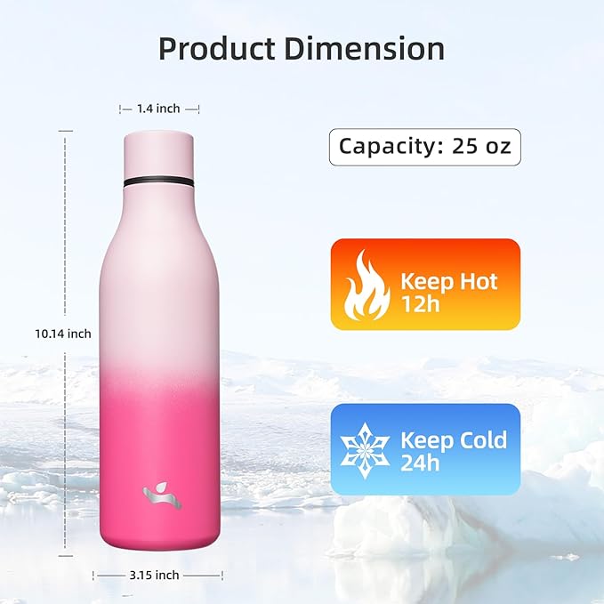 Insulated Water Bottle with Strap,25 oz Double Wall Stainless Steel Vacuum Bottles Metal Water Flask,Cherry