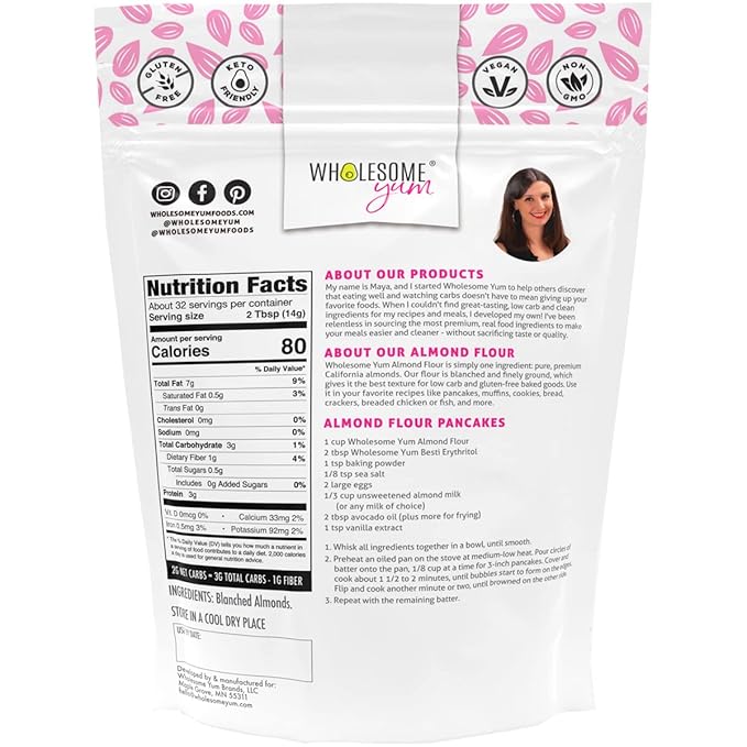 Wholesome Yum Premium Fine Blanched Almond Flour For Baking & More (16 oz / 1 lb) - Low Carb, Gluten Free, Non GMO, Keto Friendly Flour Substitute With Ground Almonds