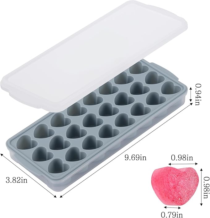 Heart Shaped Ice Cube Trays with Lid and Bins, Silicone Chocolate Mold, Easy Release Ice Trays, 24-Cavity Heart Molds for Ice Cubes, Gelatine, Baking and Candy