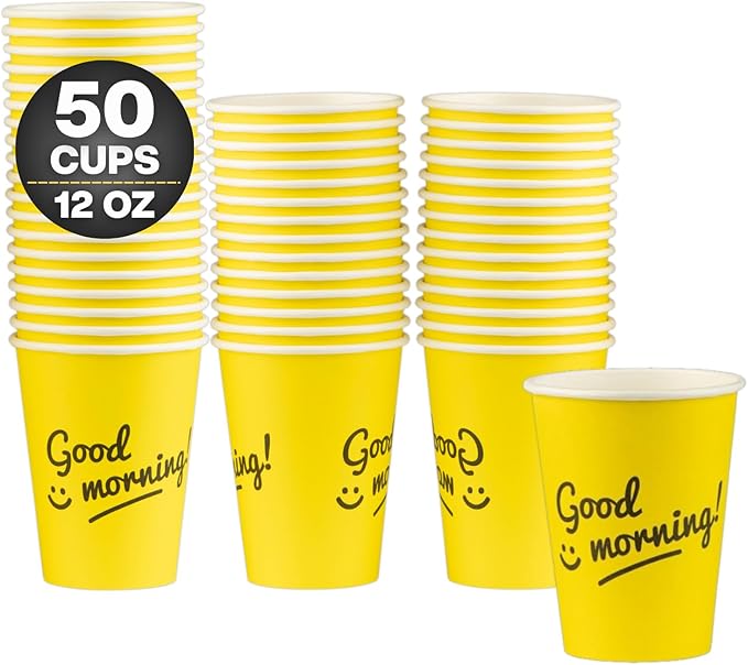 Smygoods Disposable Coffee Cups, To Go Paper Hot Cups, Good Morning Design (12 OZ, 50 Count) For Hot Beverages, Coffee, Tea, Espresso, Cocoa - Vasos Para Cafe