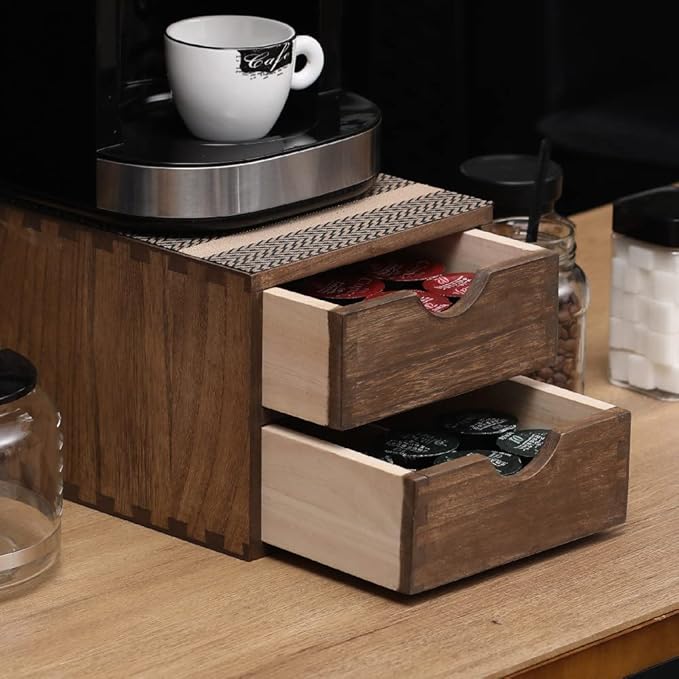 Drawer Organizer Coffee Pod Holder - Kitchen Cutlery Storage Accessories/ K-Cup Drawers with Detachable Wooden Partition - Coffee Capsules Organization Counter - Wood desktop Small Cabinets