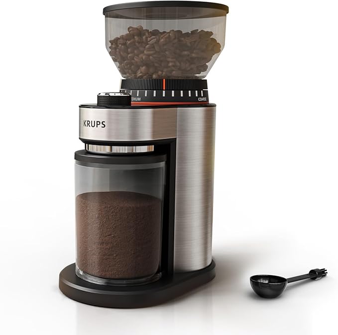 KRUPS Burr Coffee Grinder, 18 Adjustable Grind Settings, 2-20 Cups per Grind, Sinlge Touch, Spice and Coffee Bean Grinder, Stainless Steel, Black