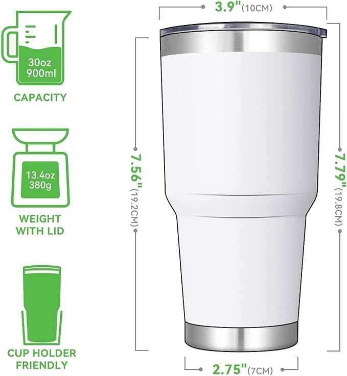 DOMICARE 30oz Tumbler Bulk with Lid and Straw, Double Wall Travel Coffee Mug, Insulated Vacuum Stainless Steel Tumblers, Powder Coated Tumbler Cup (White, 8)
