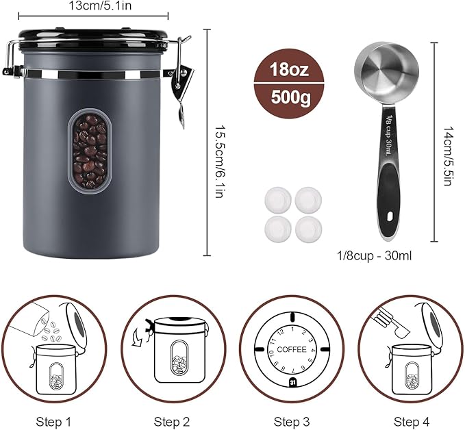 1500ML Airtight Coffee Canister with Date Tracker&Transparent Window, 18OZ Coffe Beans Storage with 30ML Measure Spoon&4 co2 Valve, Coffee Container for Grounds Coffee, Beans, Tea, Sugar, Flour(Gray)