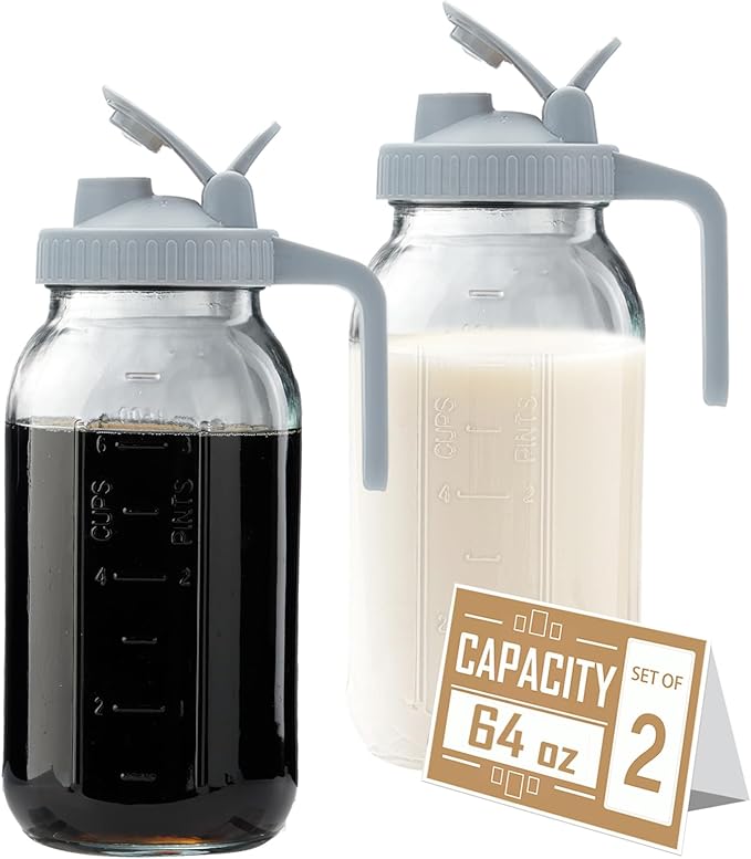 64oz Glass Pitcher with Lid - 2 Quart Mason Jar Pitcher with Spout, Leak-proof Milk Container for Refrigerator, Easy to Clean Wide Mouth Water Jug, Juice, Tea, Iced Coffee, Beverage and Drinks