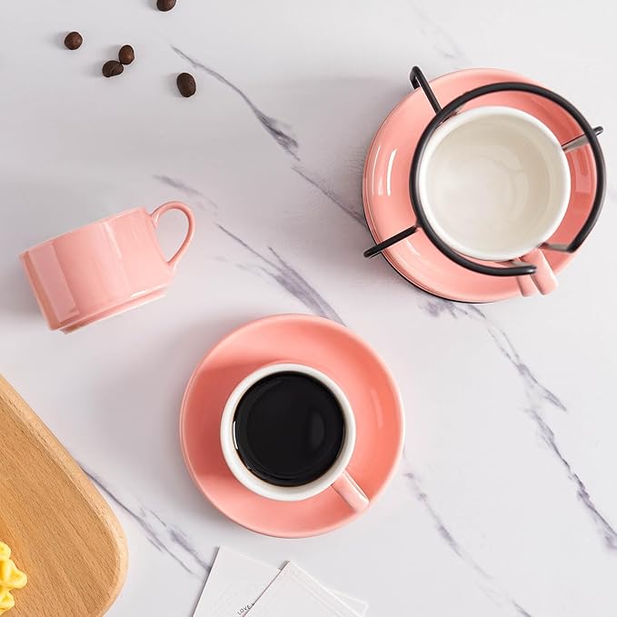 4oz Porcelain Stackable Espresso Cups with Saucers and Metal Stand Set of 4, Stackable Cappuccino Cups, Pink Expresso Shots Cup Set for Coffee Drinks, Latte, Americano, Tea