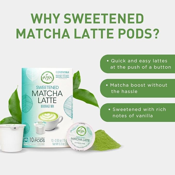 Aiya Creamy Matcha Latte Pods - Authentic Matcha with Rich Notes of Vanilla, Convenient Single-Serve Pods (10 Count, Sweetened)