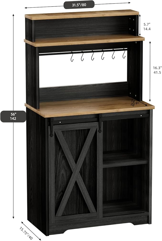 Farmhouse Coffee Bar with 3 Tier Storage Hutch, 56 Inch Small Bar Station with 6 Hooks, Corner Table with Adjustable Shelves for Living Dining Room (Black)