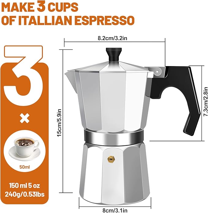 3 Cup Aluminum Espresso Stovetop Moka Pot Express Coffee Maker Percolator Italian Classic Mocha Coffee Machine for Italian and Cuban Cafe Brewing for Home & Camping 150ml 5oz