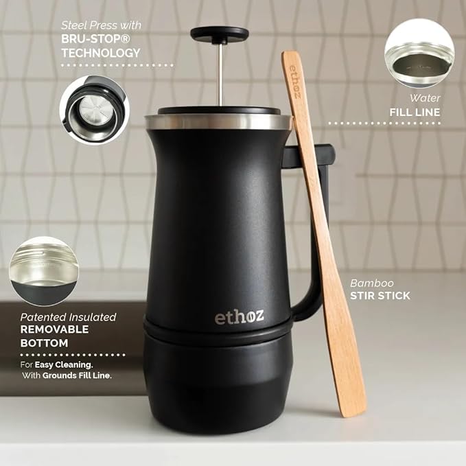 Uptowner French Press | 32 fl oz Stainless Steel | US Patented Bru-Stop & Removable Bottom | Double-Wall Insulated for Smooth, Balanced Coffee – No Grit, No Bitterness
