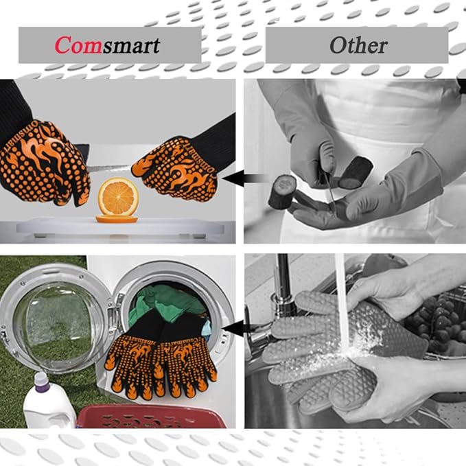 Comsmart BBQ Gloves, 1472°F Heat Resistant Grilling Gloves Silicone Non-Slip Oven Gloves Long Kitchen Gloves for Barbecue, Cooking, Baking, Short, Orange