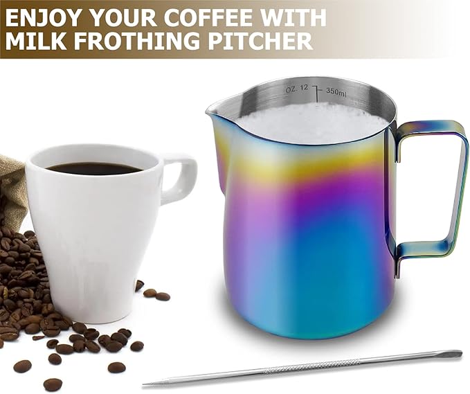 CAMKYDE Stainless Steel Milk Frothing Pitcher 12 oz, Espresso Steaming Pitcher with Decorating Pen for Espresso Machines, Cappuccino, Latte Art (Colour)