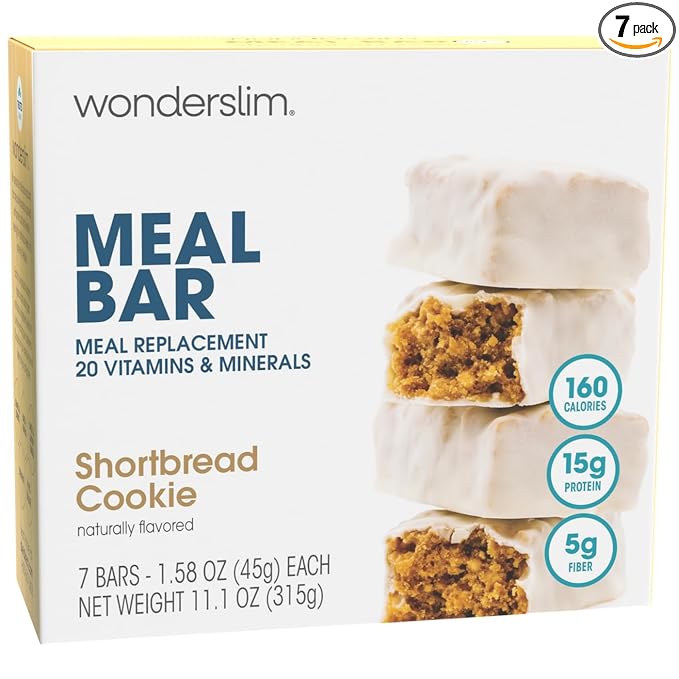 WonderSlim Meal Replacement Protein Bar, Shortbread Cookie, 15g Protein, 20 Vitamins & Minerals, Gluten Free (7ct)