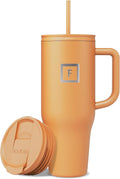 IRON °FLASK Co-Pilot Insulated Mug w/Straw & Flip Cap Lids - Cup Holder Bottle for Hot, Cold Drink - Leak-Proof- Water, Coffee Portable Travel Tumbler - Clementine, 40 Oz