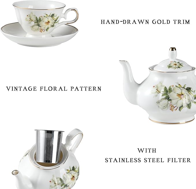 Sweejar Porcelain Tea Sets, Vintage British Floral Relief Gold Rimmed Teapot Cup and Saucer Set, Tea Set Service for 6, with Teapot, Sugar Bowl, Milk Jug, Spoons, Tea Cup and Saucer (Camellia)