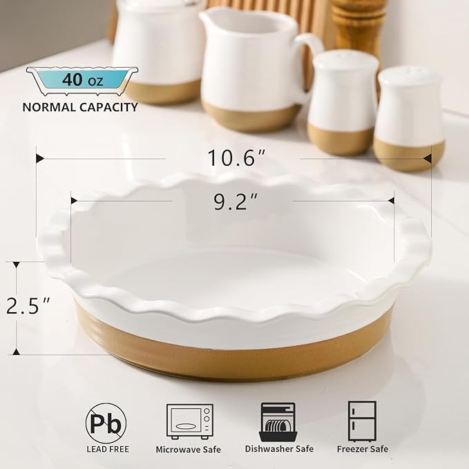Hasense Ceramic Pie Pan, 9 Inch Quiche Pie Dish for Baking, Apple Pie, Tart, and Cake, Farmhouse White Round Baking Dish, Microwave & Oven Safe, Ideal Gift for Kitchen