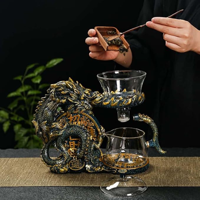 Glass Teapot Set with Infuser Semi Automatic Dragon Tea Set with 6 Small Cups (golden dragon-b)