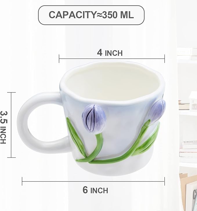 3D Flower Coffee Mug Pink Tulip Ceramic Cup,12 oz Cute Handmade Mugs,Christmas Birthday Surprise for Friends Family or Flower Lovers (Pink Tulip)