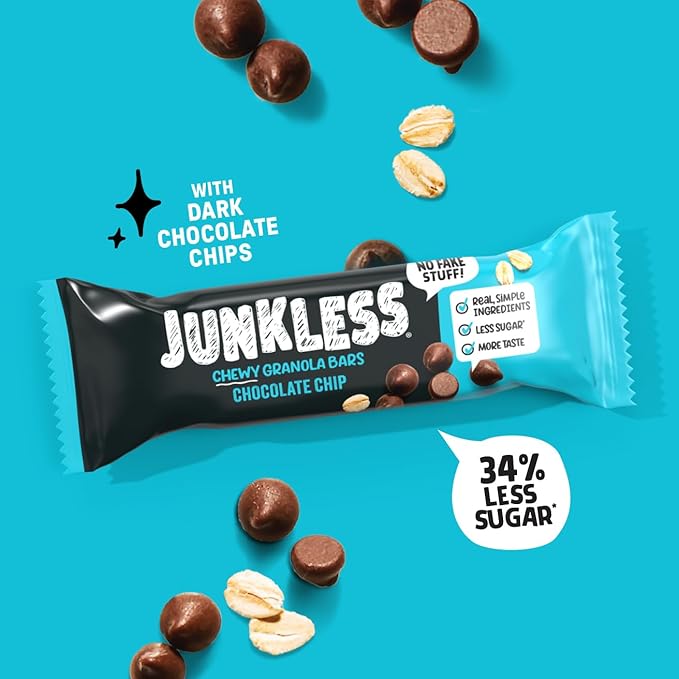 JUNKLESS Chewy Granola Bar 4‑Flavor Variety Pack (24 Bars)–Non‑GMO, Gluten‑Free, Less Sugar Snack Bars— Chocolate Chip, Double Chocolate, Peanut Butter Chocolate Chip & Real Strawberry, 4 Boxes