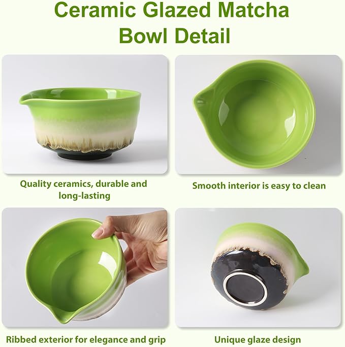 Matcha Set Includes Ceramic Matcha Bowl with Spout, Bamboo Whisk, Matcha Sifter, Matcha Whisk Holder, Bamboo Spoons, 5 Pieces Green Matcha Kit Gift for Tea Lovers