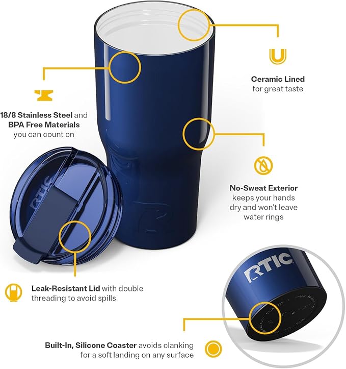 RTIC 30oz Essential Tumbler with Lid, Insulated, Stainless Steel, Metal, Double Wall Vacuum-Insulation, Ceramic Lined, Travel Cup for Iced Coffee, Tea, Hot and Cold Drink, Midnight Dust Metallic