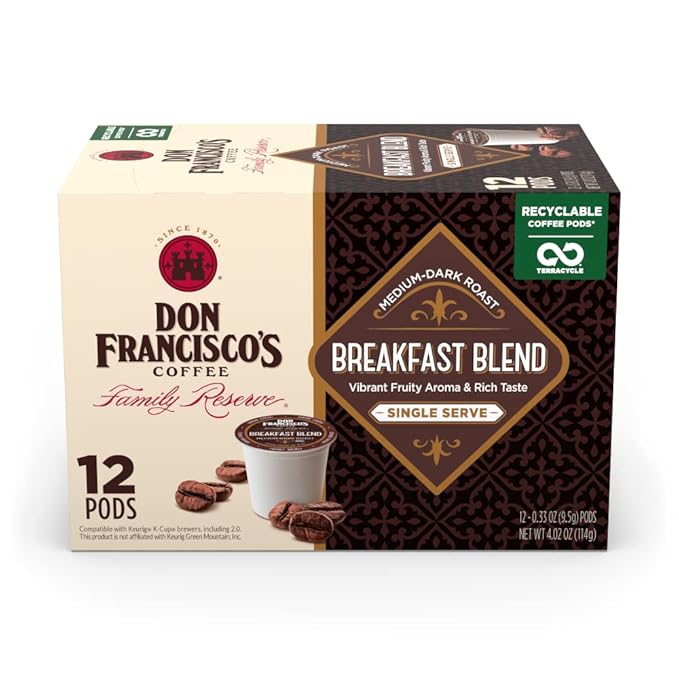 Don Francisco's Breakfast Blend Coffee - 12 K-Cup Compatible Single-Serve Pods - 100% Arabica - Fruity Aroma, Rich Flavor - Recyclable through TerraCycle - Compatible with Keurig Brewers