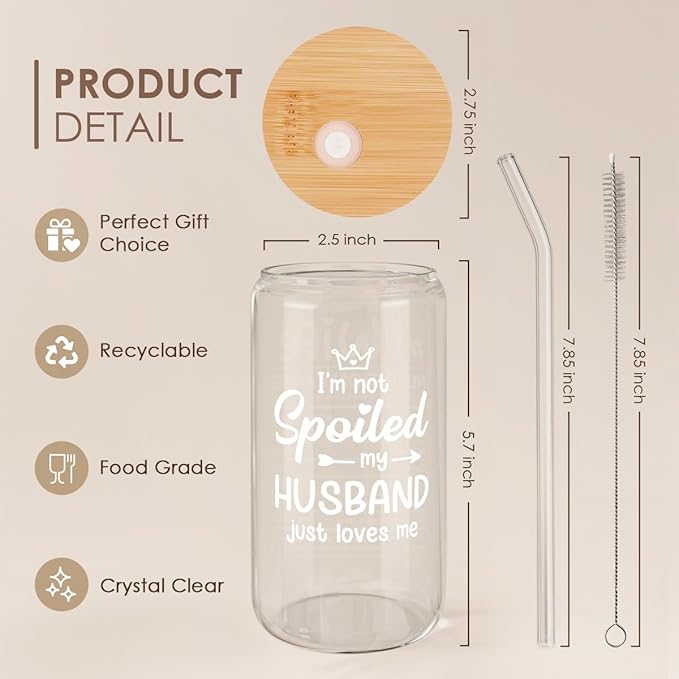 Wife 16 Oz Can Glass Tumbler with Bamboo Lid and Straw - Iced Coffee Cups for Women, Aesthetic Glass Cup Gift for Birthday Christmas Valentine's Day Mother's Day
