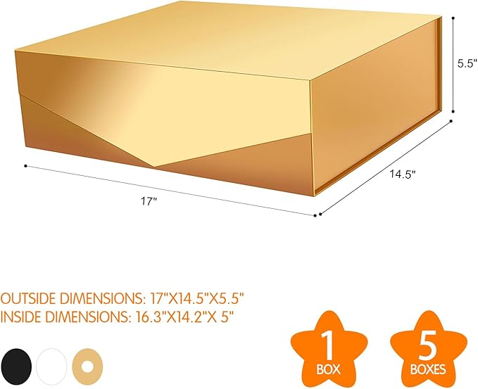 Extra Large Gift Box with Lid - 16.3x14.2x5 Inches, Gold, Bridesmaid and Christmas Magnetic Box for Clothes and Large Gifts