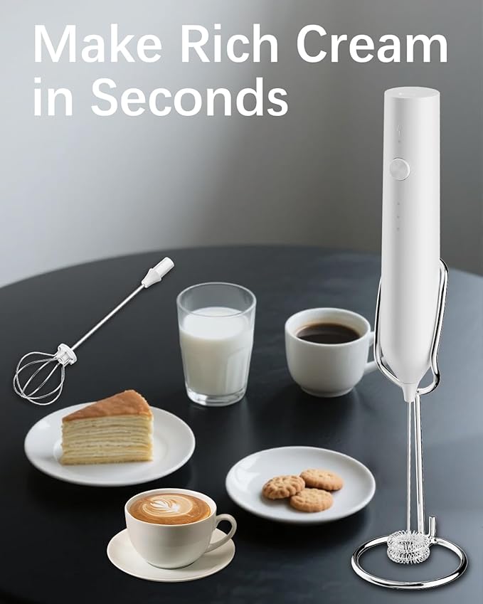 Rechargeable Milk Frother with Stand, Electric Frother Wand Handheld Coffee Foam Maker Detachable Stainless Steel Whisk Drink Mixer Foamer for Latte, Cappuccino, Hot Chocolate, Egg (White)
