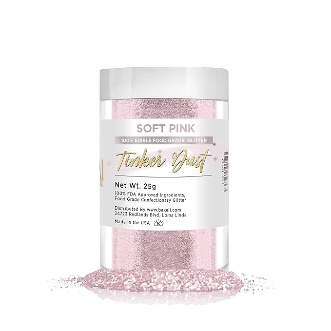 BAKELL Soft Pink Edible Glitter, 25 Grams | TINKER DUST Edible Glitter | KOSHER Certified | 100% Edible Glitter | Cakes, Cupcakes, Cake Pops, Drinks, Dessert Vegan Glitter & Dusts (25g, Soft Pink)