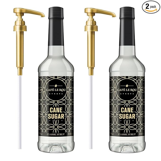 Cafe Le Rou Cane Sugar Classic Syrup - 25.4 oz, 2 Pack with 2 Gold Pump Dispensers