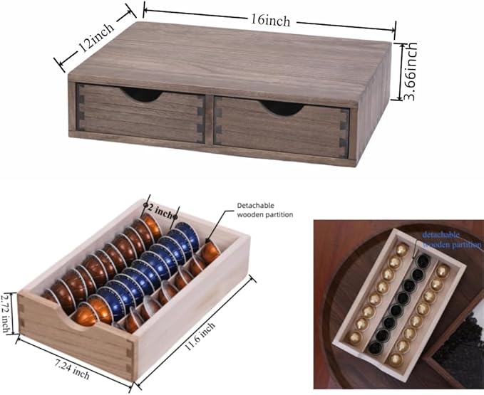Coffee Pods Storage Drawer Holder for Capsules - Multi Functional Desk Organizer Drawers For K-Cup Coffee Maker Brew - Kitchen Mini Wooden Box Chest Sideboard Counter Organization CF1D2C Dark