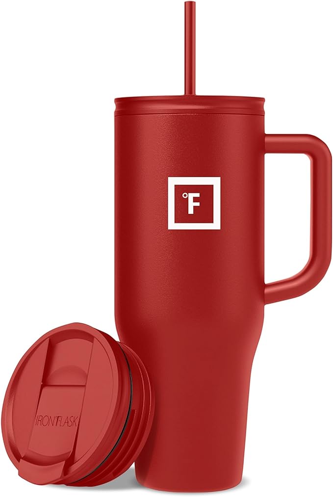 IRON °FLASK Co-Pilot Insulated Mug w/Straw & Flip Cap Lids - Cup Holder Bottle for Hot, Cold Drink - Leak-Proof- Water, Coffee Portable Travel Tumbler - Fire Red, 40 Oz
