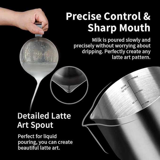 watchget Milk Frothing Pitcher 50oz/1500ml - Stainless Steel Espresso Steaming Pitcher for Cappuccino, Latte Art, Coffee Machine Accessories Milk Jug Frother Cup, Silver