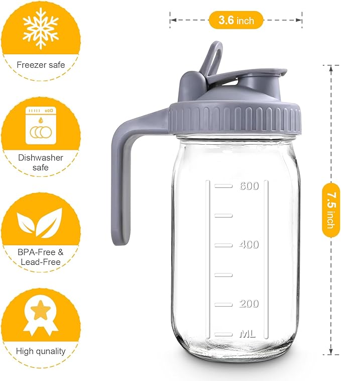 Mason Jar Pitcher, 32 OZ Glass Pitcher with Lid Double Leak-proof with Handle Water Jug Wide Mouth Breast Milk Pitcher Fridge Container for Water, Juice, Iced Coffee, Tea, Juice - Grey