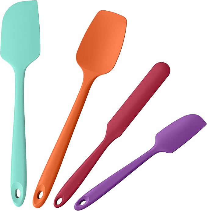 4-Piece Silicone Spatula Scrapers: Doosu 600°F Heat Resistant Food Grade Kitchen BPA Free Rubber Baking Cooking Tool Nonstick Utensil Set for Mixing, Scraping, Folding, Stirring, Serving (Multi-4)