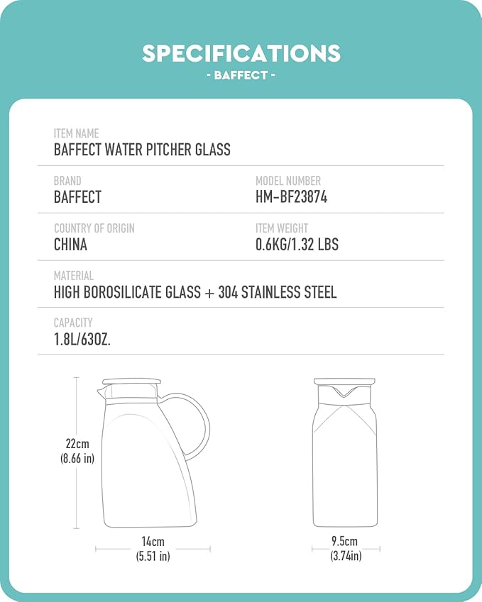 Baffect Water Pitcher, High Borosilicate Glass Jug with Stainless Steel Lid, Leakproof Fridge Door Carafe for Hot or Cold Beverage Vertical Pattern (1.8 L/63 oz.)