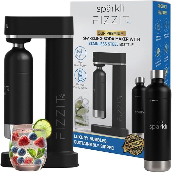 Fizzit Spärklï Carbonated Water Soda Maker with Stainless Steel Bottle Included,Dishwasher Safe (Sparkli-Black)