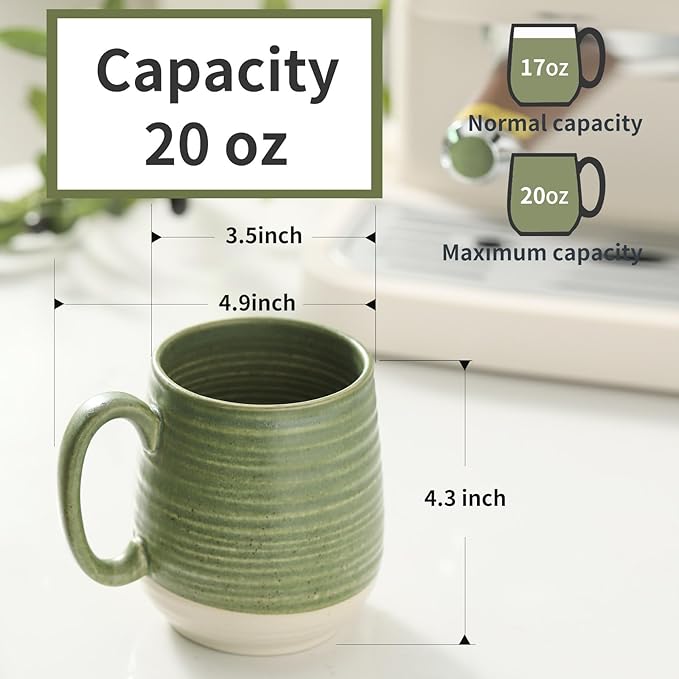 Hasense Large Coffee Mugs, Ceramic Tea Cups with Comfortable Handle Set of 2, Perfect for Milk, Latte, Hot Cocoa, Dishwasher and Microwave Safe, Green
