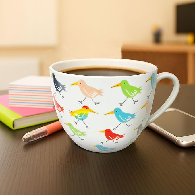 Birds Mugs for Daily Coffee and Tea, Premium 20 oz Bone China Coffee Tea Hug Mug, Perfect Holiday and Birthday Gift for Bird Lovers, Designed in England by Harvest Green Studio