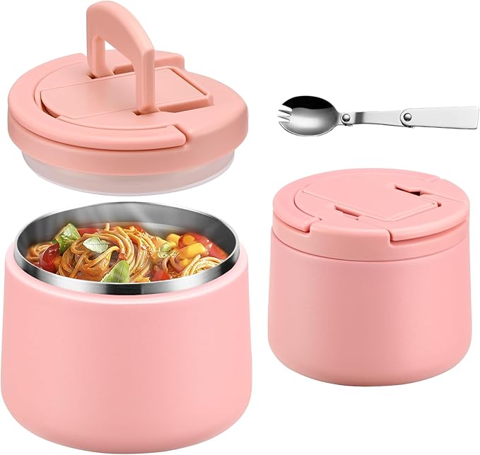 14oz Insulated Vacuum Food Jar with Buckle Lid,Soup Thermo for Hot Food Kids,Wide Mouth Leakproof Stainless Steel Lunch Container with Spoon-Pink